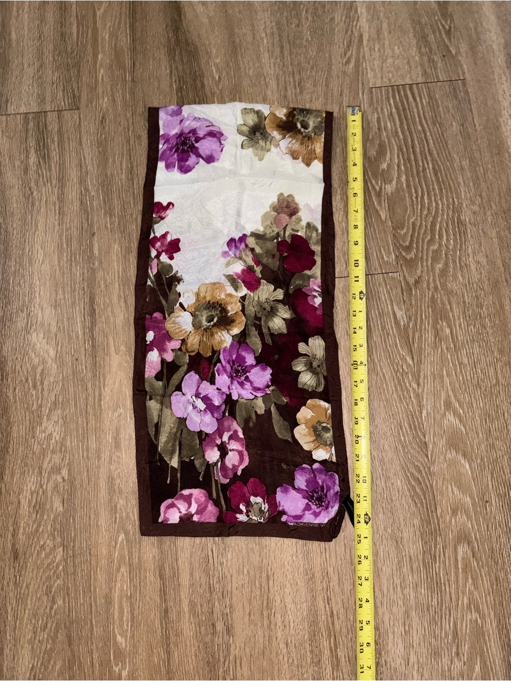 Adrienne Vittadini Floral Square Scarf Brown Pink Purple Sheer Chiffon 24x11 b54